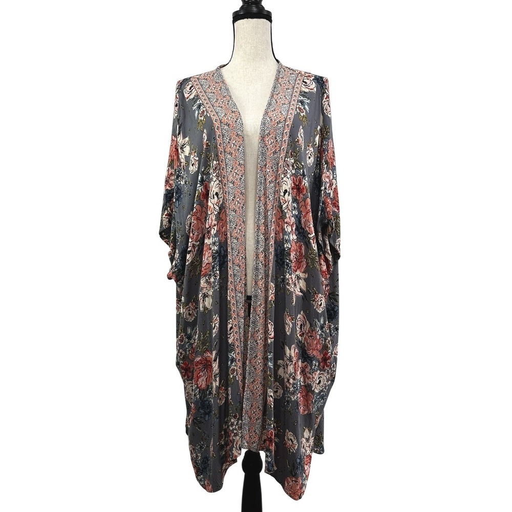 ANGIE Floral Print Kimono Cover Up Womens M Lightweight Festival Beach Boho Top - Picture 1 of 7